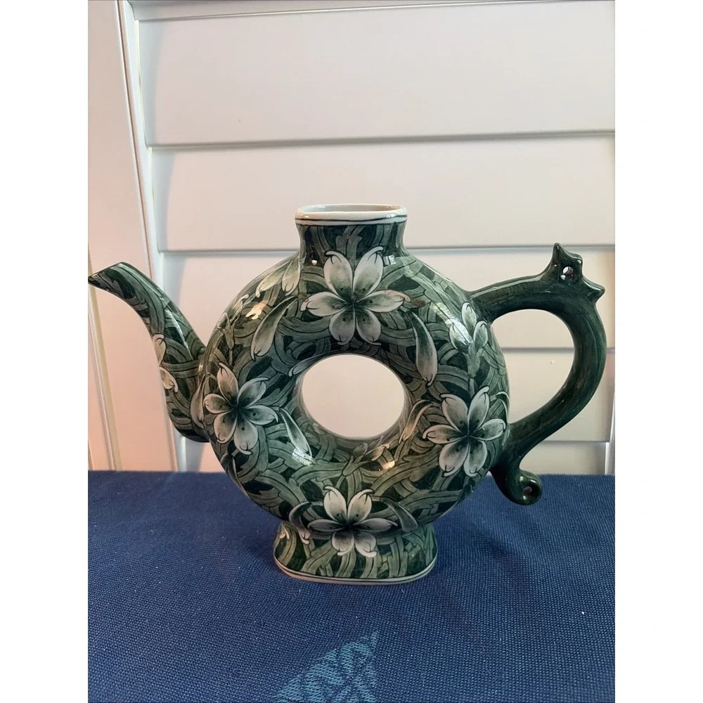 Vtg Blooming World Hand Painted Donut Shaped Teapot Green Floral Thailand 9
